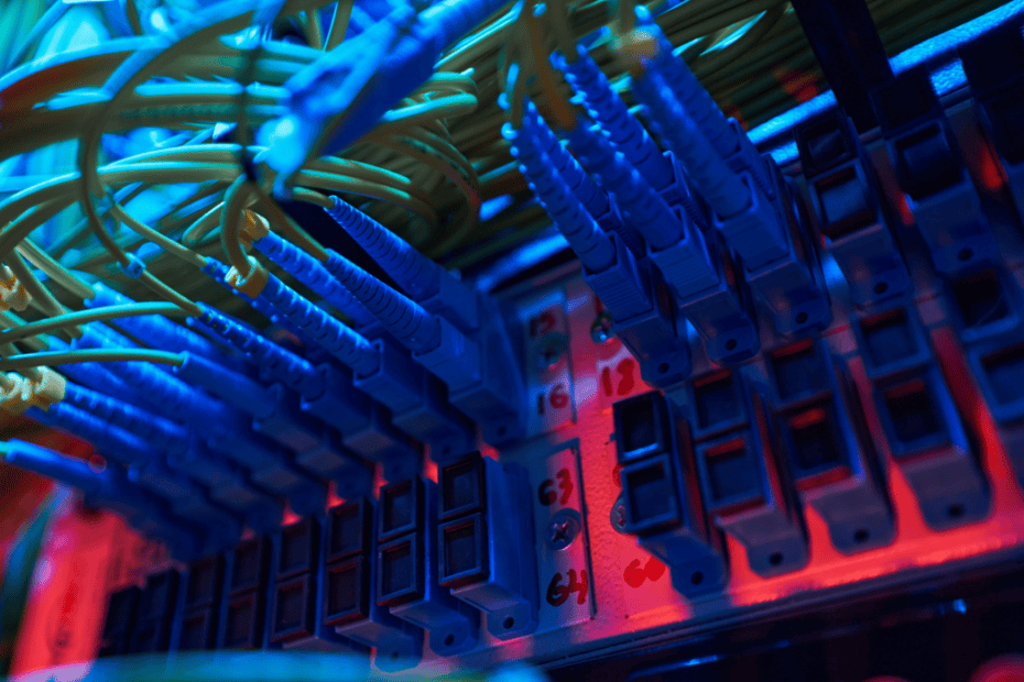 Close-up view of multiple fiber optic cables with blue connectors plugged into a numbered patch panel inside a server rack, illuminated by red and blue ambient lighting.