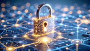 An artistic conceptual graphic representing cybersecurity, featuring a large, glowing digital padlock positioned on a circuit board amidst interconnected network nodes and light paths.