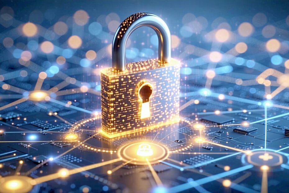 An artistic conceptual graphic representing cybersecurity, featuring a large, glowing digital padlock positioned on a circuit board amidst interconnected network nodes and light paths.