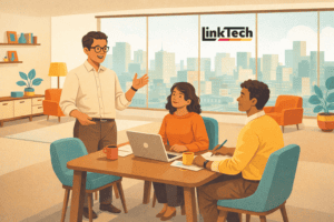 Three professionals collaborating at a meeting room table in front of a city window with the LinkTech logo.