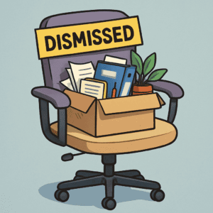 An illustration of an office chair holding an open cardboard box packed with desk items like binders, documents, and a potted plant, with a bright yellow "DISMISSED" sign pinned to the headrest.