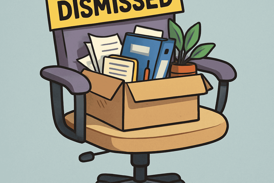 An illustration of an office chair holding an open cardboard box packed with desk items like binders, documents, and a potted plant, with a bright yellow "DISMISSED" sign pinned to the headrest.