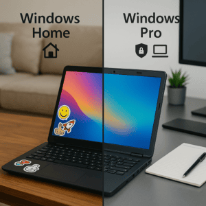Split-screen comparison showing a stickered laptop for Windows Home and clean laptop for Pro.