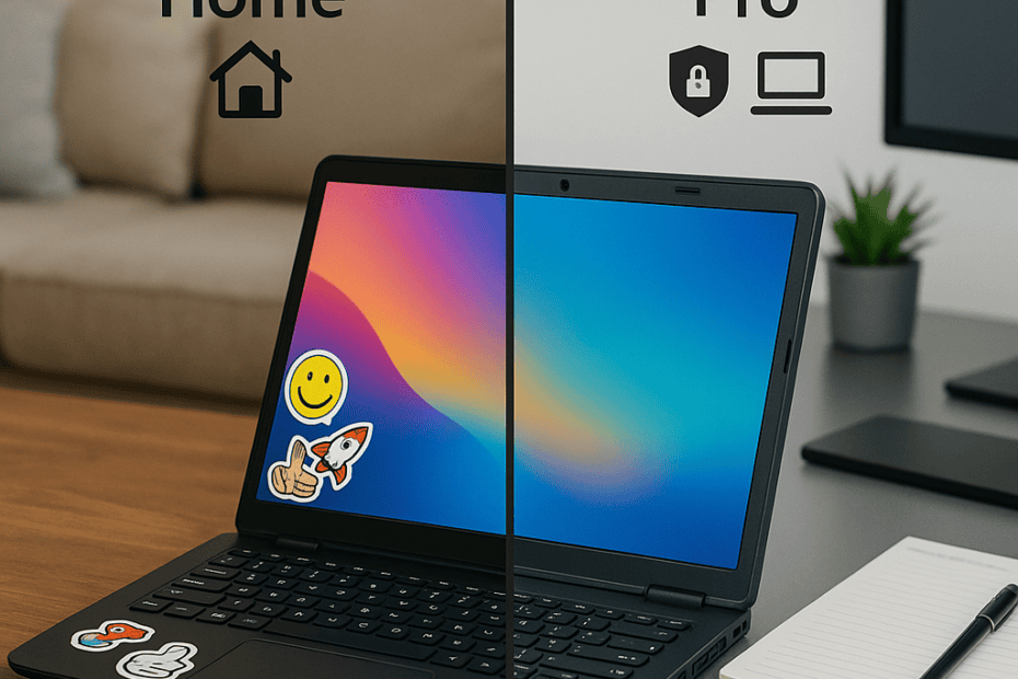 Split-screen comparison showing a stickered laptop for Windows Home and clean laptop for Pro.