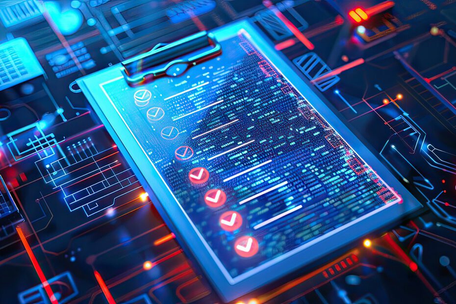 A digital clipboard displaying a glowing data checklist with red checkmarks, set against a futuristic cyber circuit board background with red and blue neon lights.